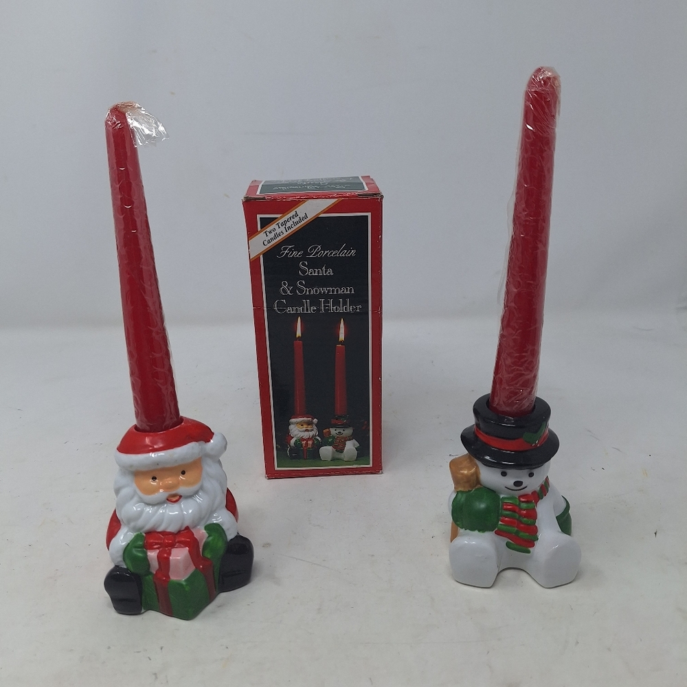 Vintage Christmas Santa Snowman Candle Holder Porcelain 2 Red 6 Inch Tapers